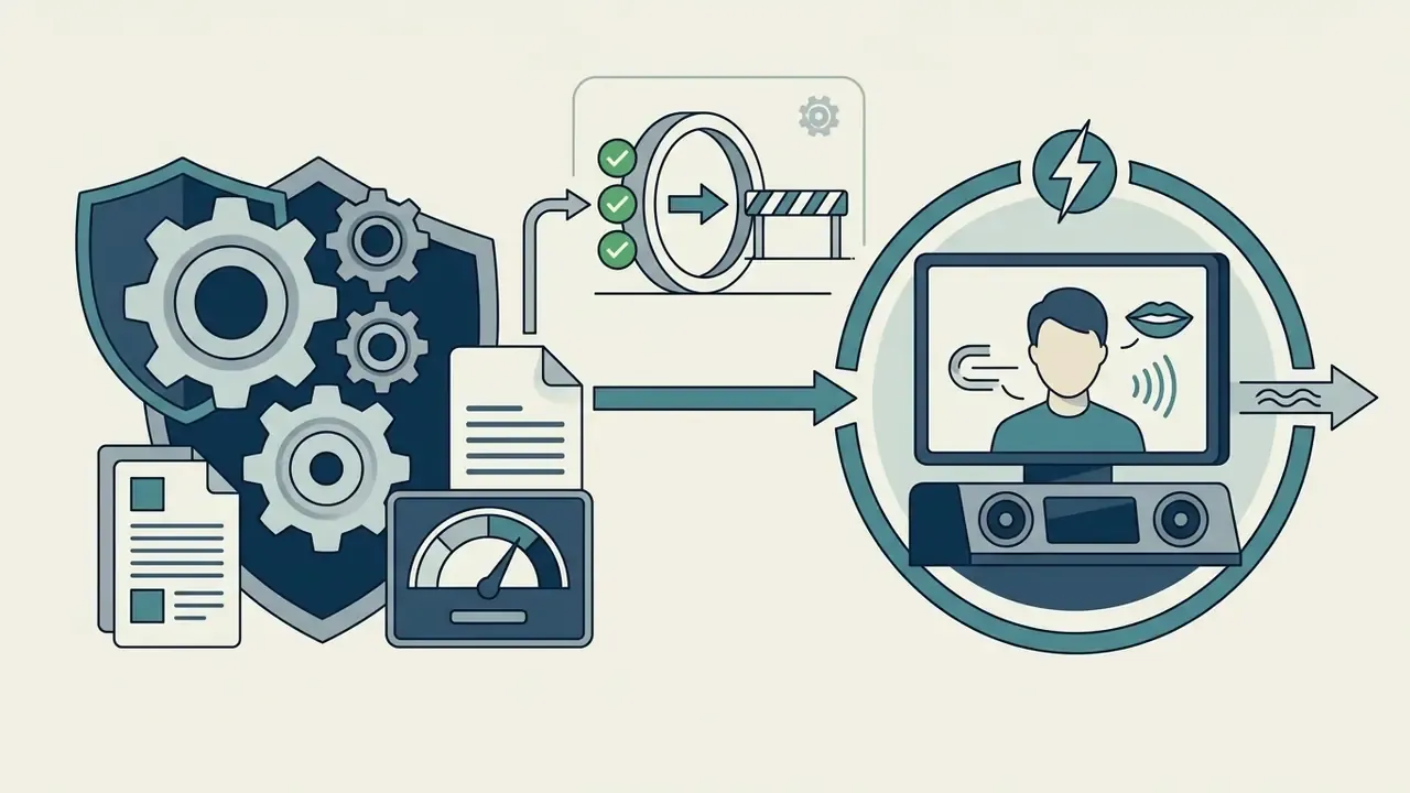 Shield with gears and documents feeding into a screen displaying a talking avatar with audio output