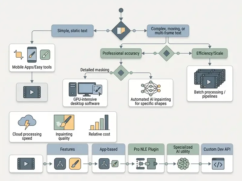 Decision tree mapping technical workflows to remove text from video based on complexity and scale