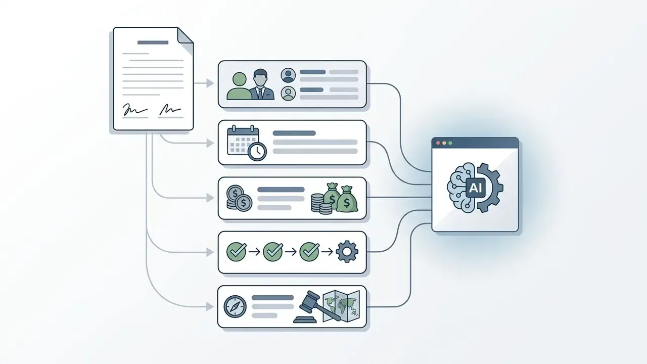 Document details like names, dates, and terms feeding into an AI processing engine for legal drafting