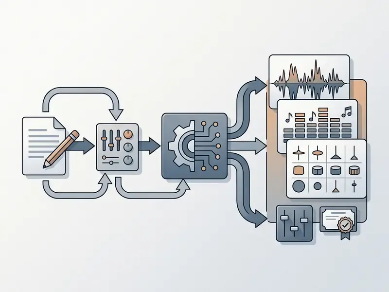 Sequential process flow converting written lyrics and audio settings into final mixed music tracks