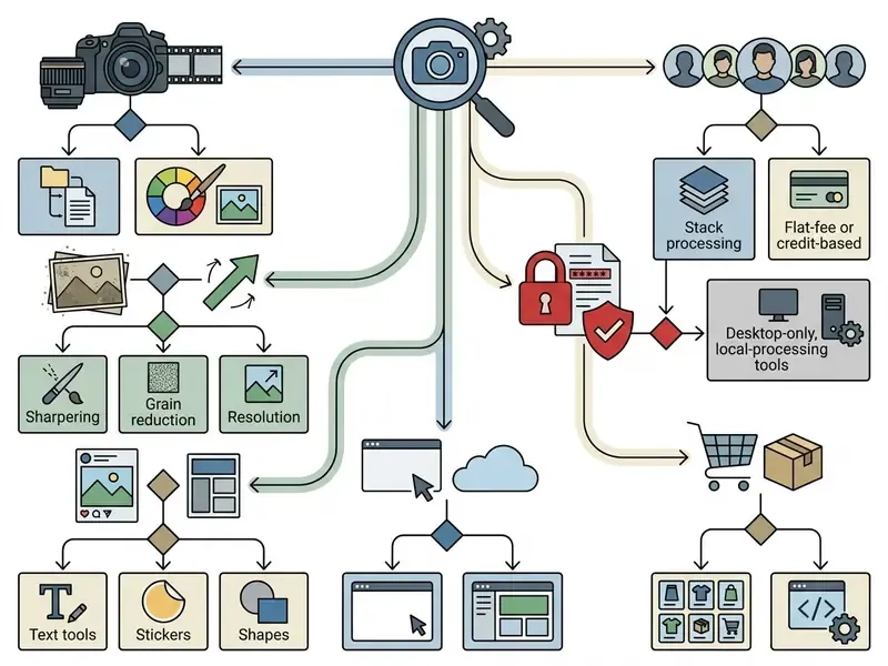 Decision tree flowchart connecting photography tasks to AI editing tools and processing workflows