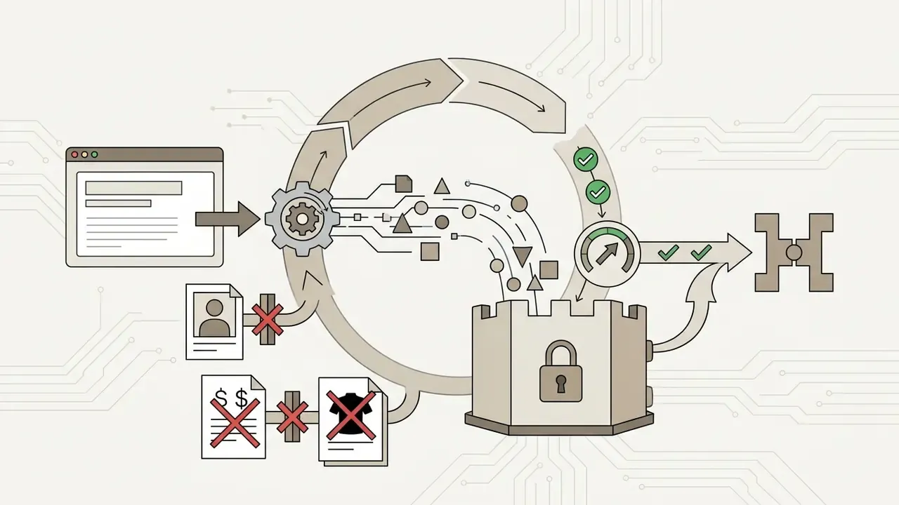 Browser inputs and documents blocked by red X marks before entering a secure, locked fortress gateway