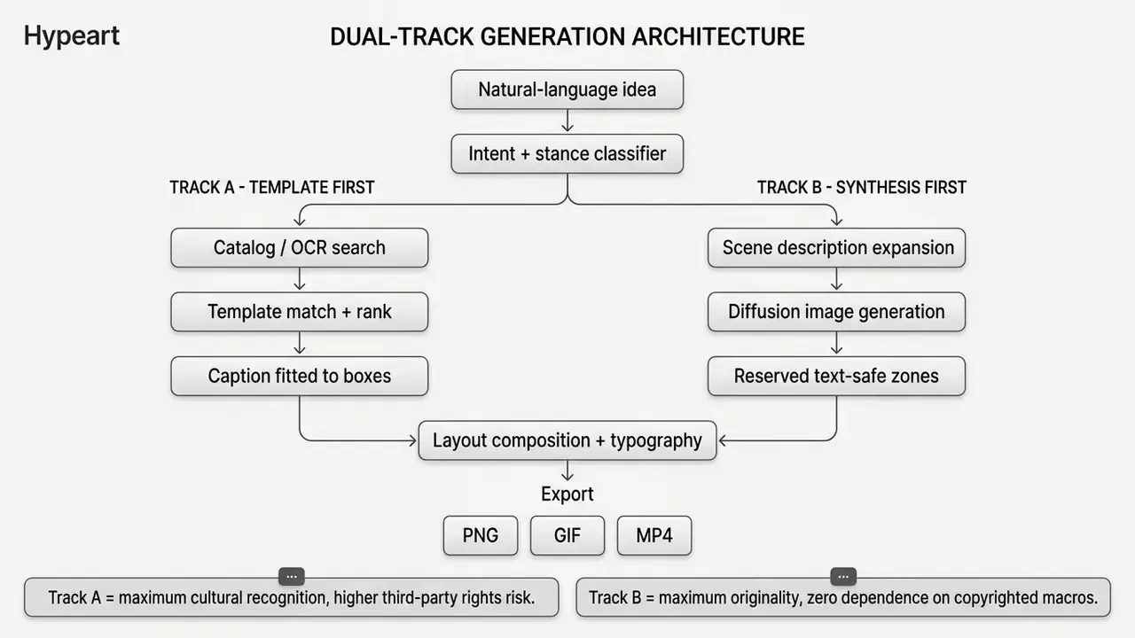 Flowchart comparing template-based and synthesis-based generation paths for digital media creation