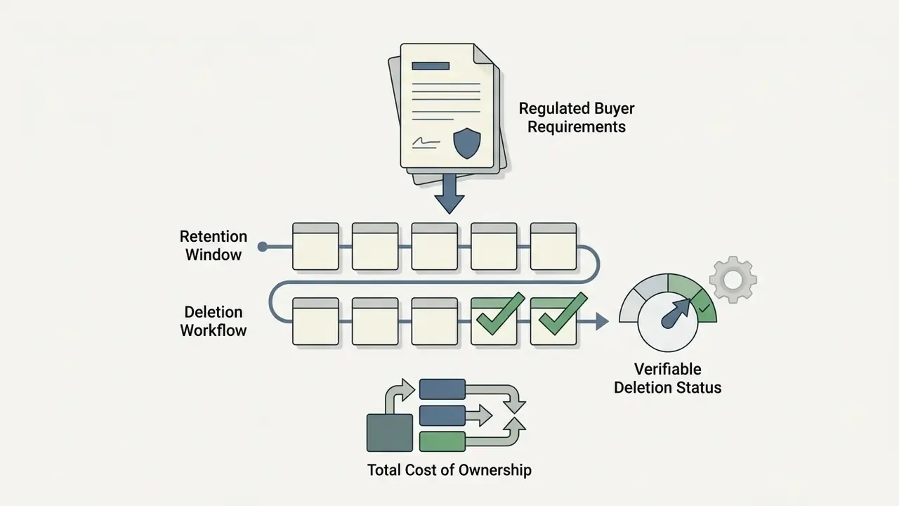 Document stack feeding into a timeline of retention and deletion steps ending in a status gauge