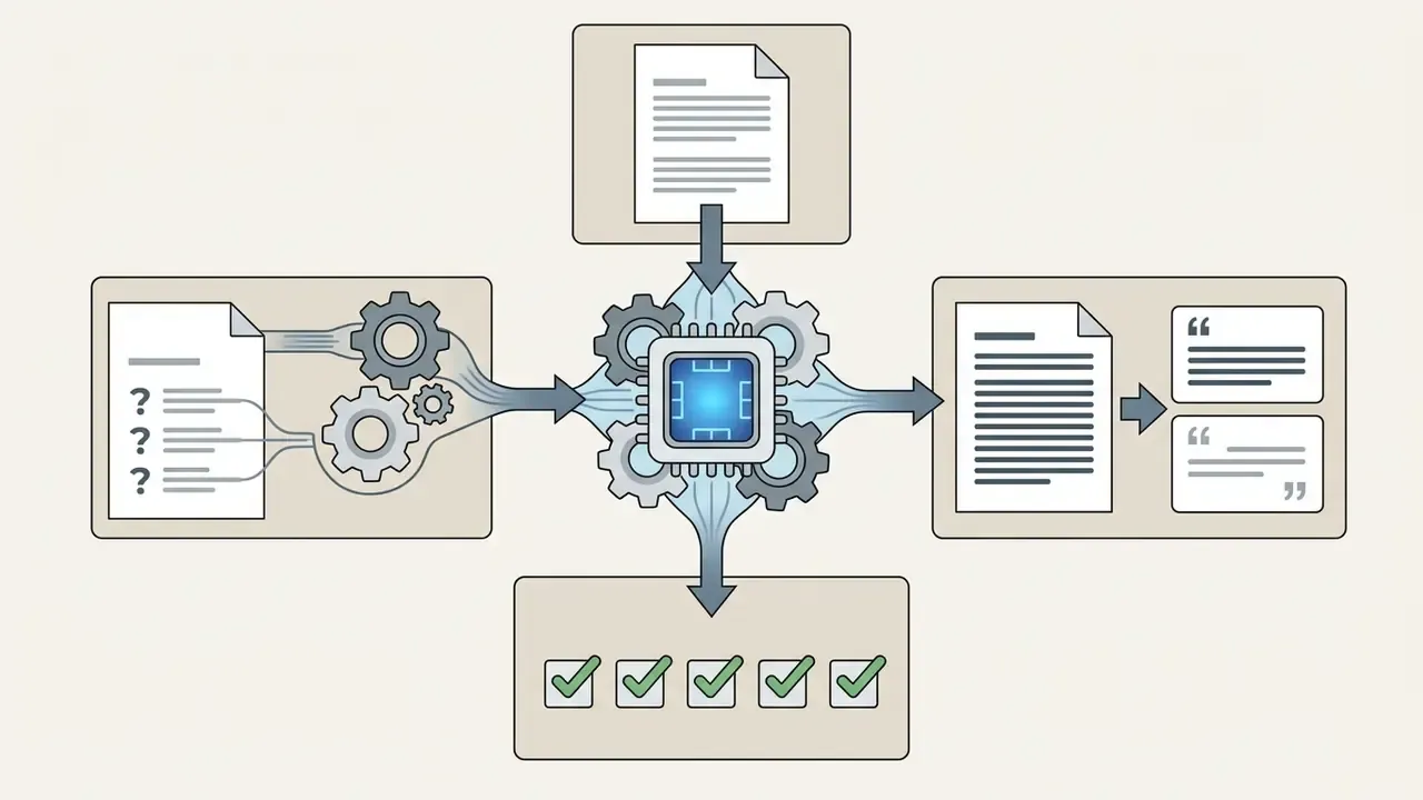 Documents and interview questions feeding into a central processor to generate paraphrased quotes and checklists