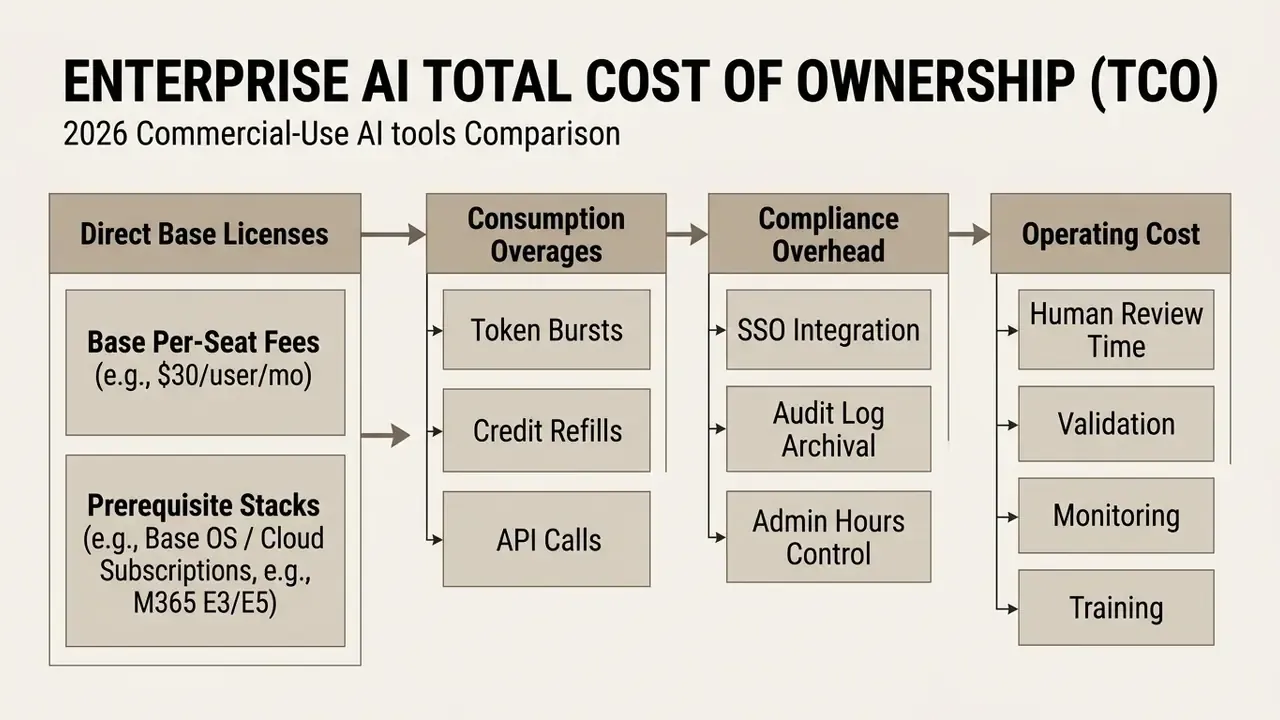 Flowchart breaking down enterprise AI total cost of ownership into license, consumption, and overhead costs