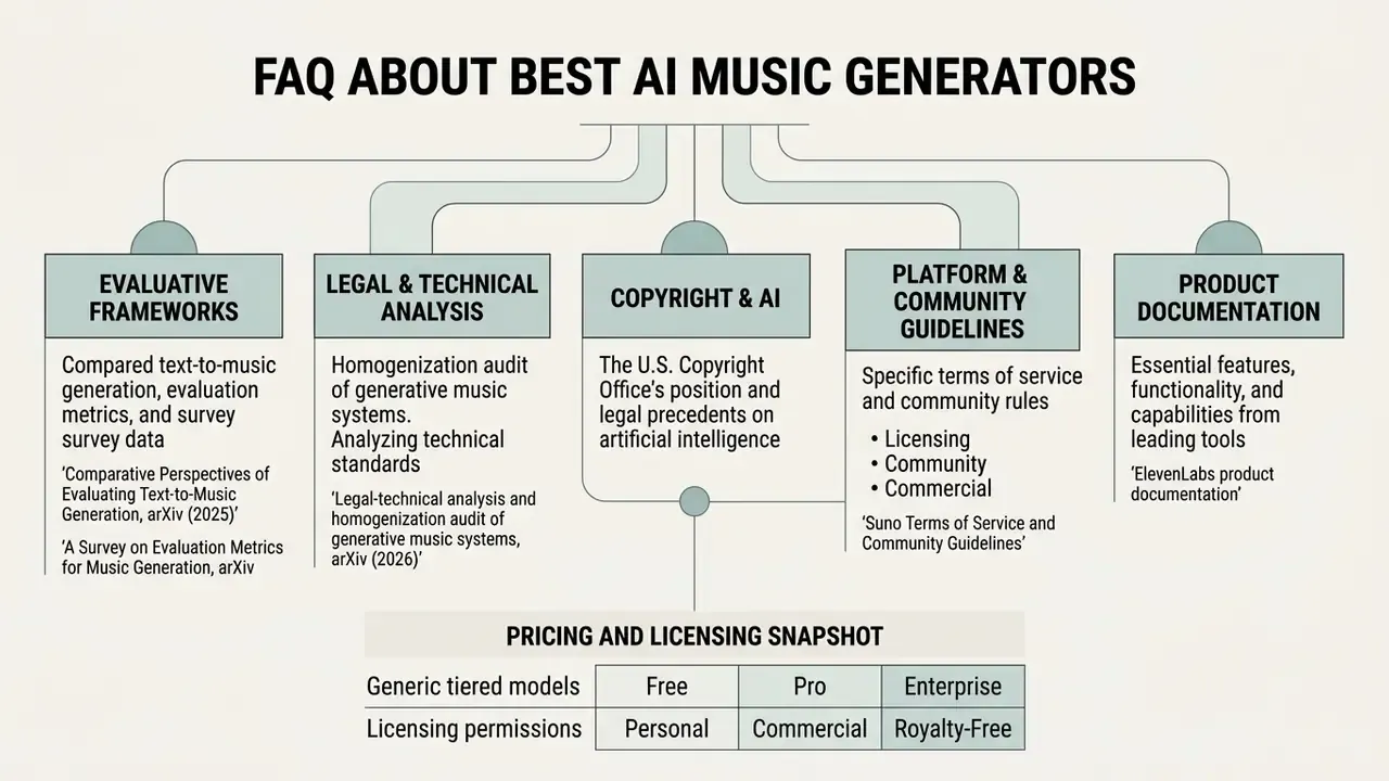 Flowchart outlining research categories for evaluating the best AI music generator and pricing tiers