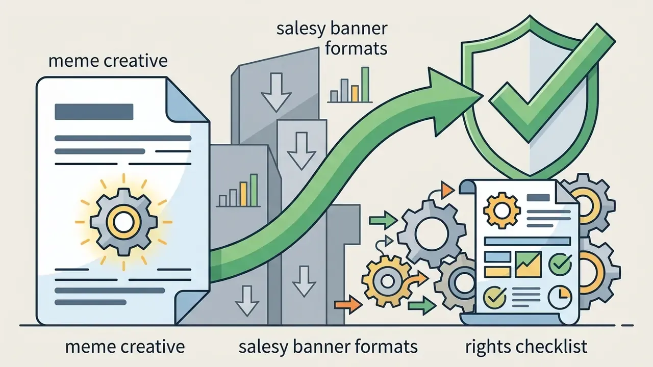 Arrow connecting meme creative to a rights checklist shield icon past stacks of salesy banner formats