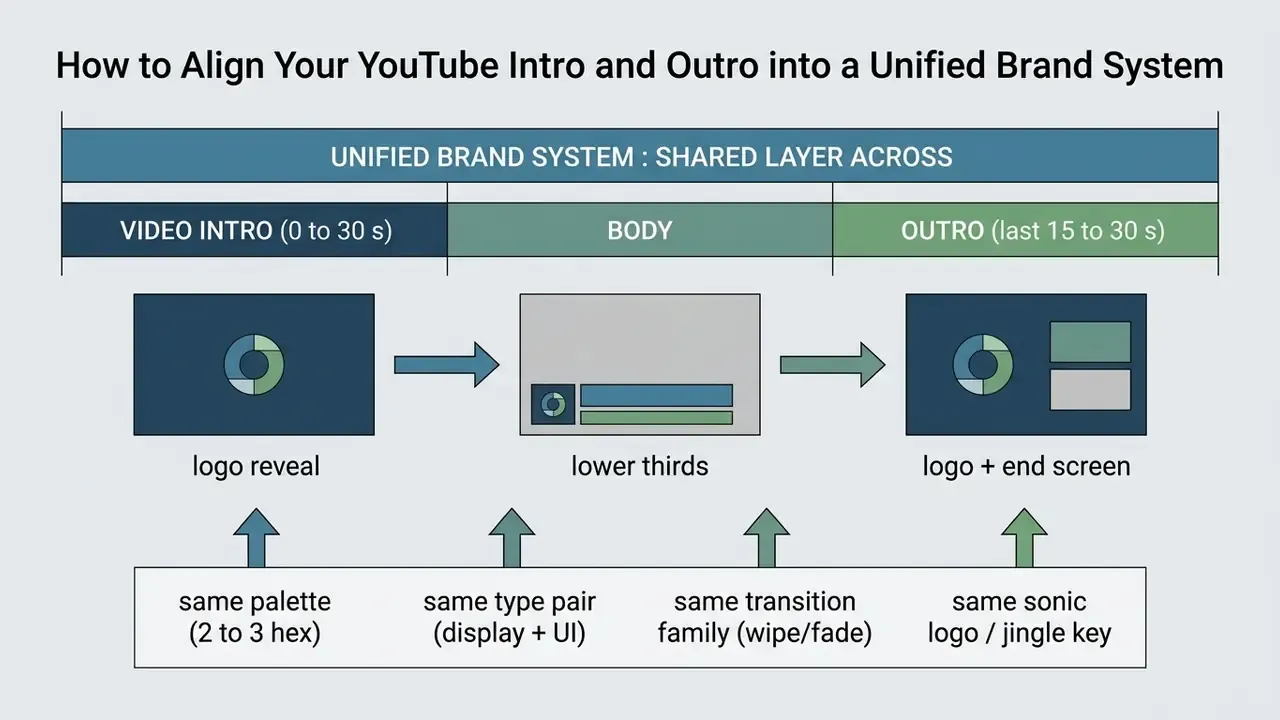 Diagram showing a shared brand system across video intro, body, and outro segments with design constants