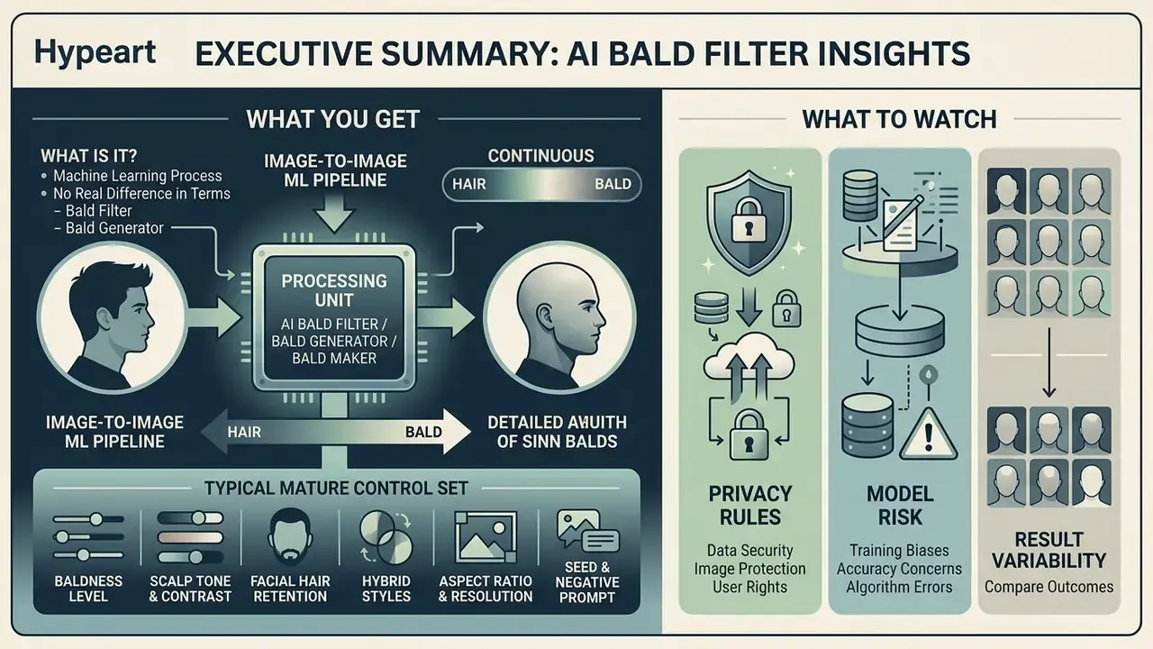 Infographic showing an AI bald filter pipeline with control settings and potential model risks