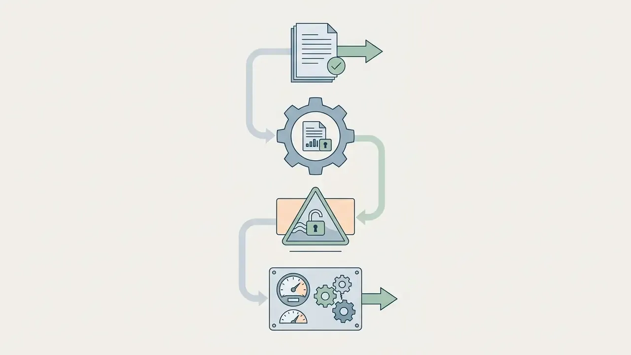 Sequential process icons showing document approval, gear-based data processing, risk alerts, and monitoring