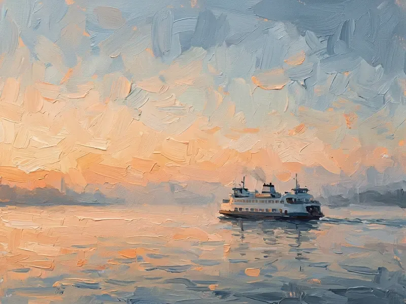 Impressionist oil painting of a ferry crossing a mist-covered harbor during a warm apricot sunrise