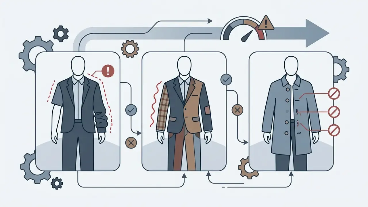 Three panels showing human figures with mismatched clothing, inconsistent sleeve lengths, and missing buttons