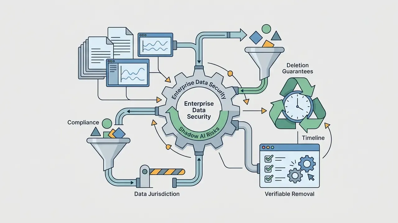 Central gear mechanism connecting data inputs to compliance funnels and a clock icon for deletion timelines