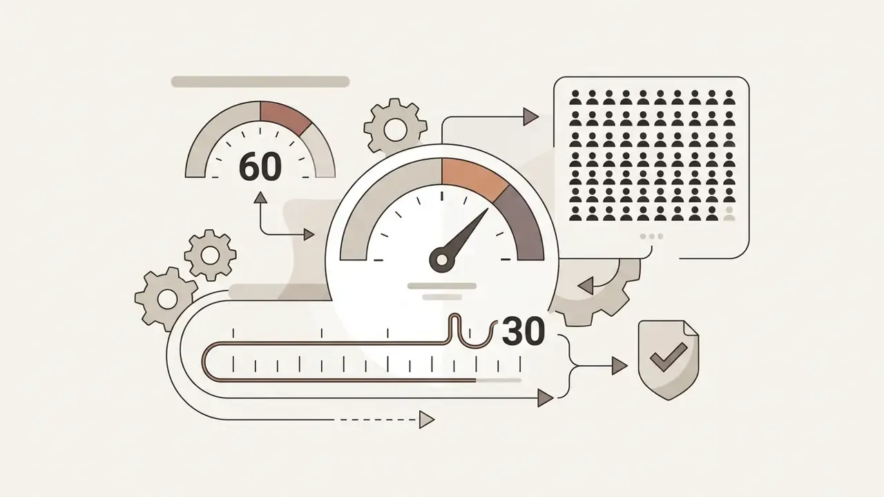Dials and a grid of people icons representing meeting time limits, participant capacity, and security