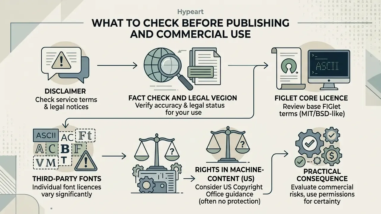 Sequential guide covering legal disclaimers, font licensing, and copyright considerations for digital assets