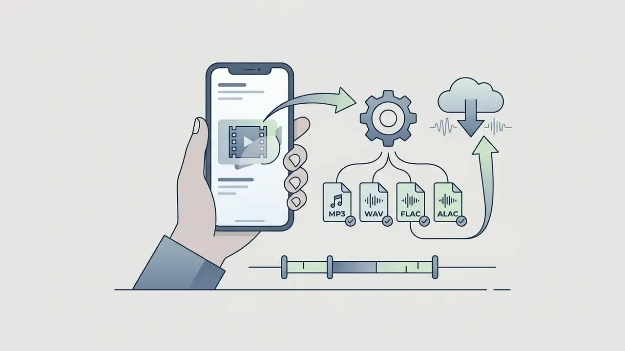 Hand holding a smartphone to extract audio from video online and save it in various file formats