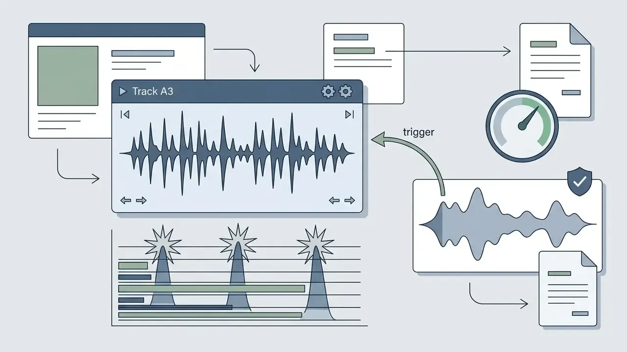 Audio waveform track linked to a dialogue clip via a sidechain trigger and transient energy graph