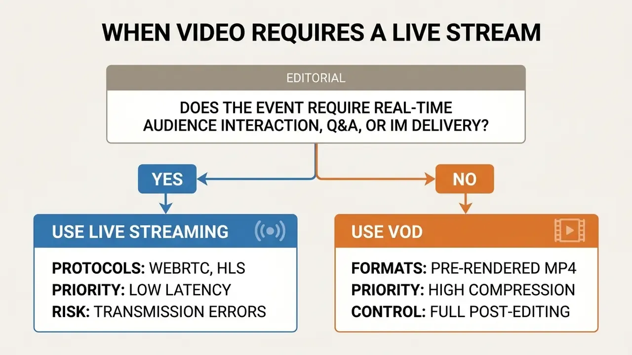 Decision tree comparing live streaming and VOD based on audience interaction and delivery needs