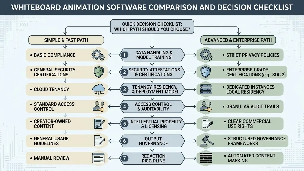 Flowchart comparing seven key criteria for simple versus advanced enterprise software production paths