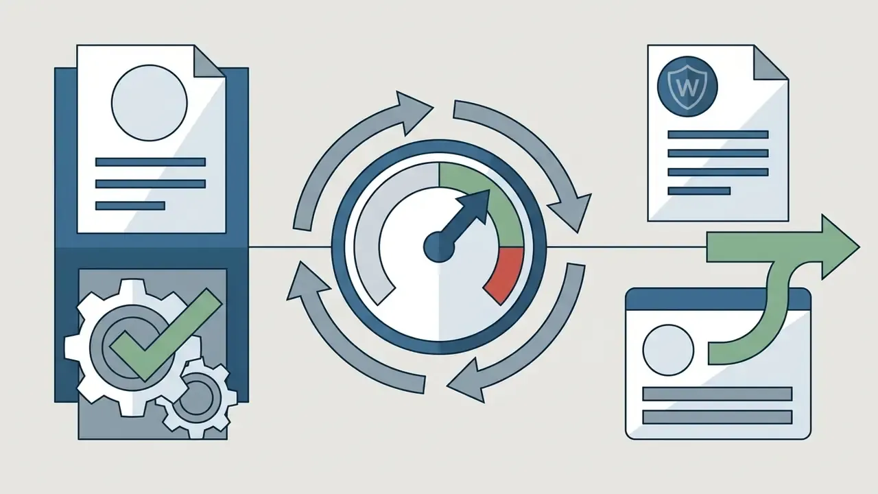 Documents and gears connecting to a central gauge with circular arrows indicating a continuous workflow