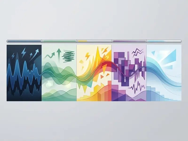 Five colored panels showing shifting wave patterns and data trends representing different musical moods