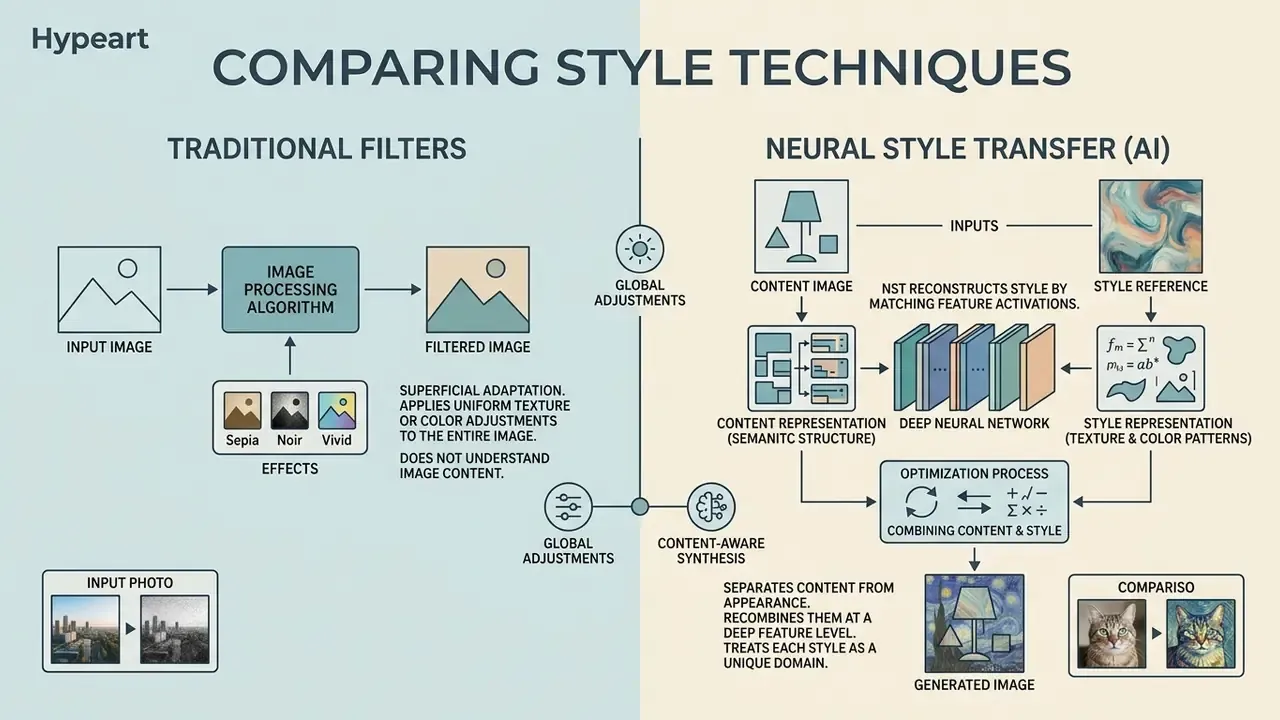 Flowchart comparing traditional photo filters with the neural network process of an AI image style changer