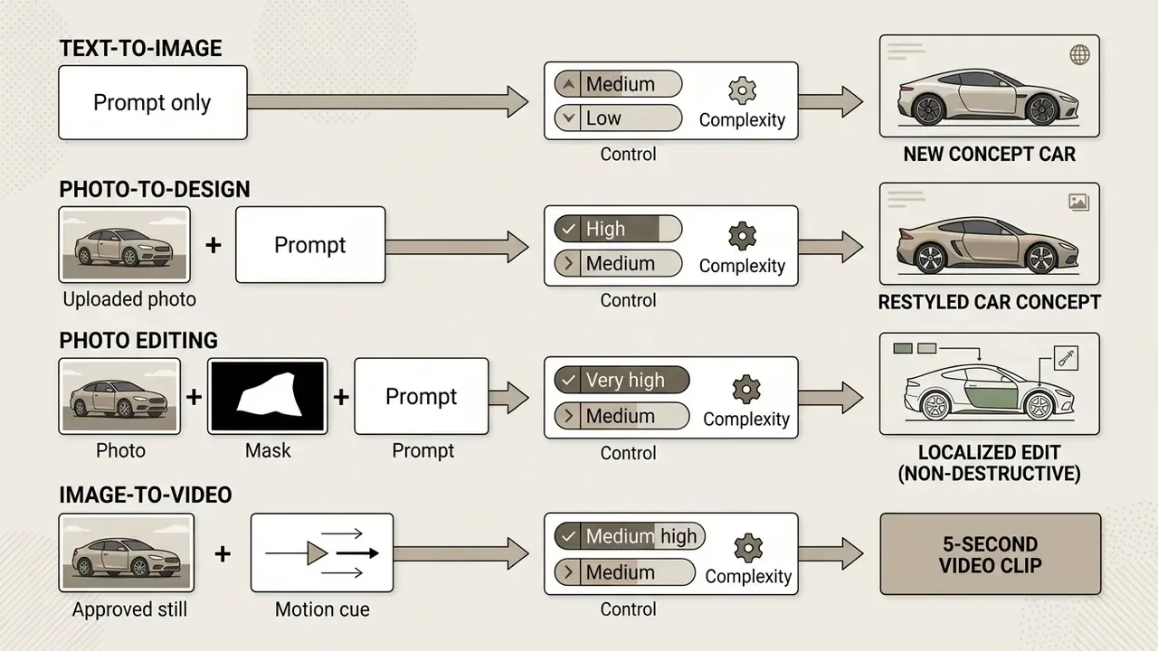 Comparison chart outlining four distinct automotive design workflows with varying inputs and control levels