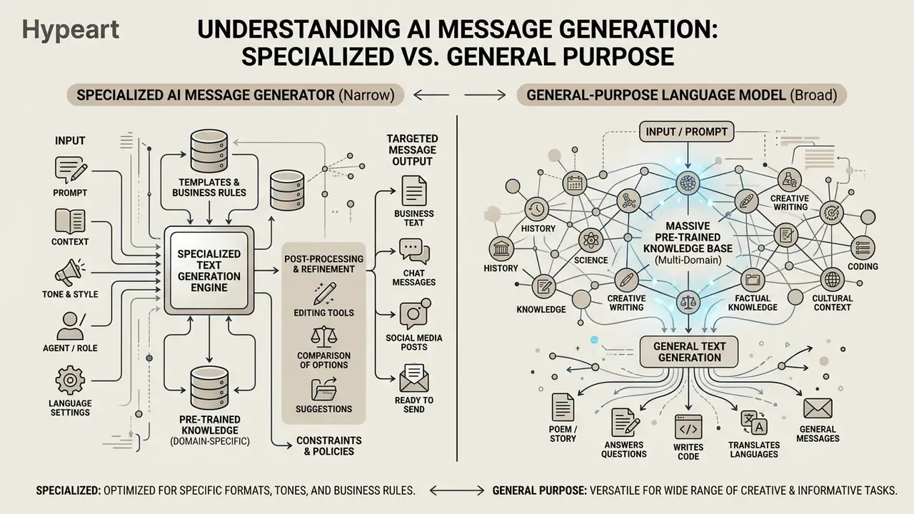 Comparison diagram contrasting the structured workflow of a specialized AI message generator with a broad language model