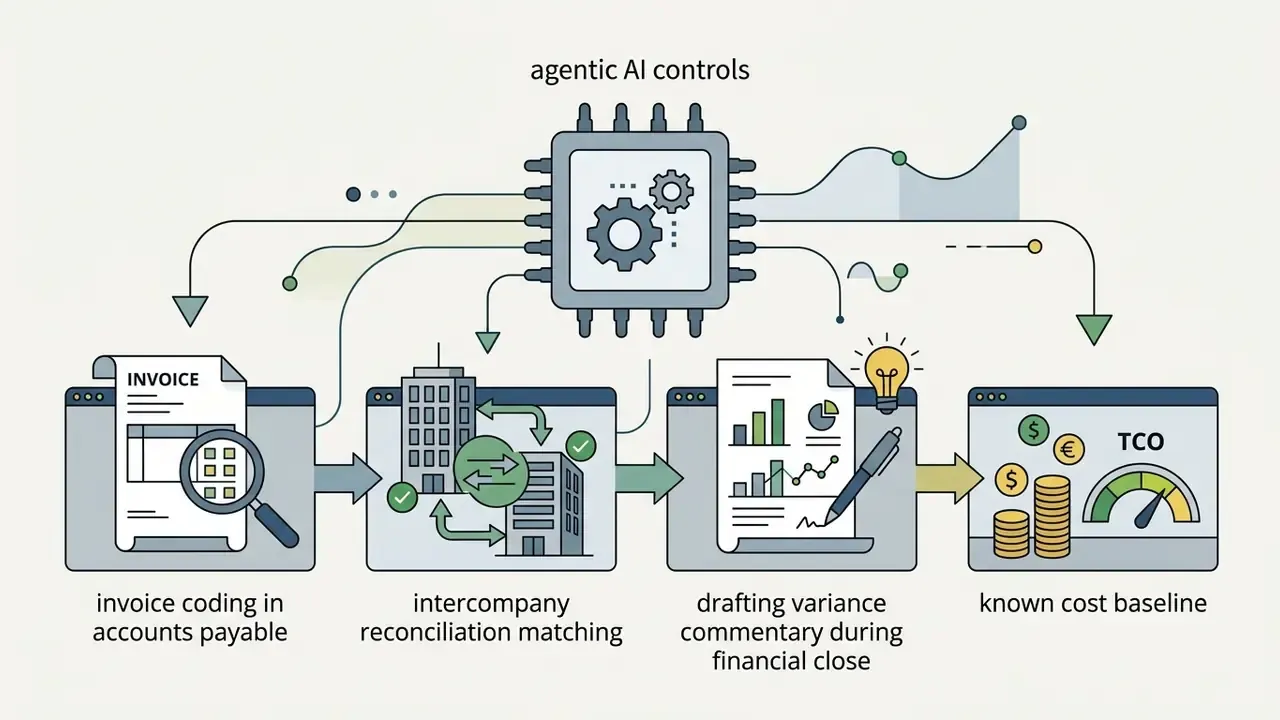 Agentic AI controls connecting financial workflows to generate variance reports and cost baselines