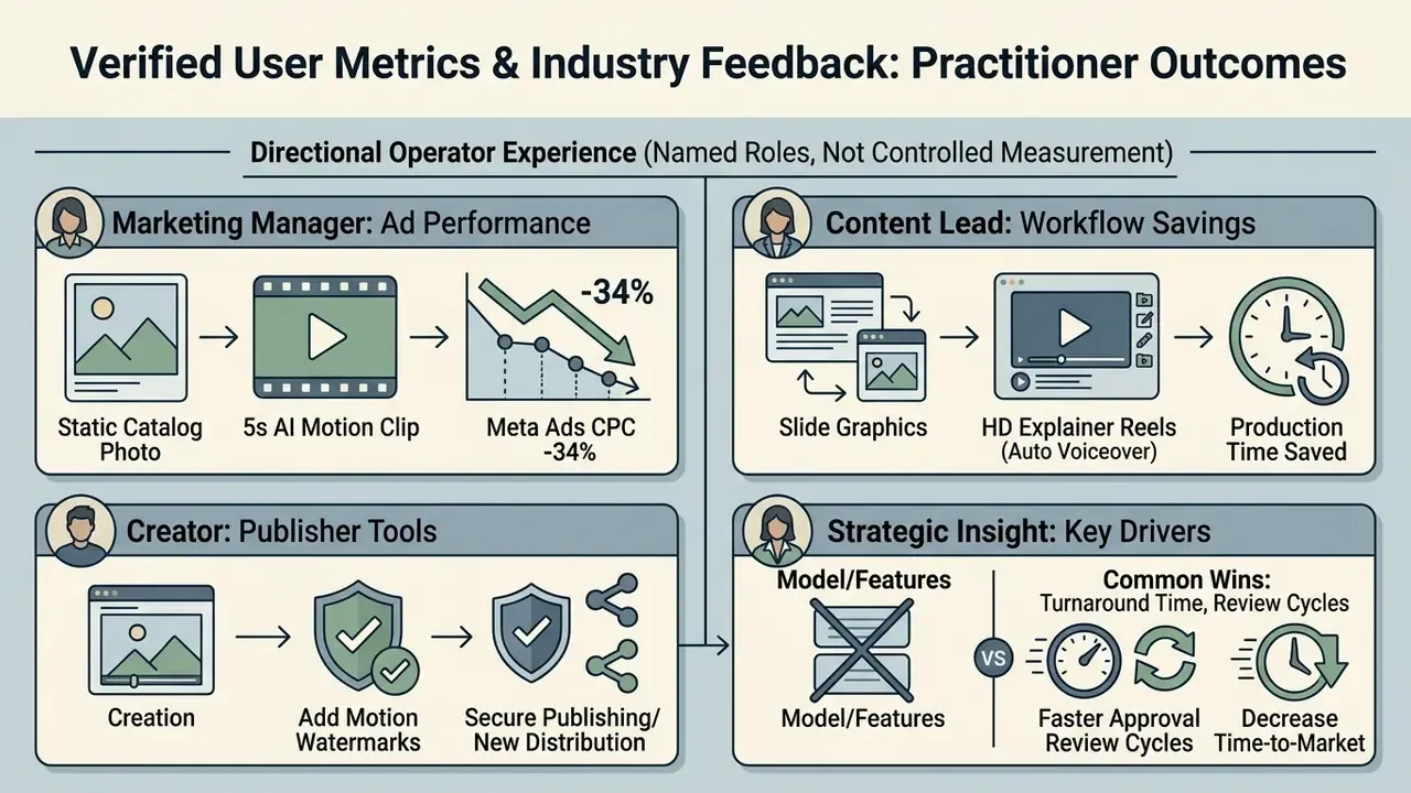 Four panels detailing professional outcomes from using AI tools to convert image to video online free