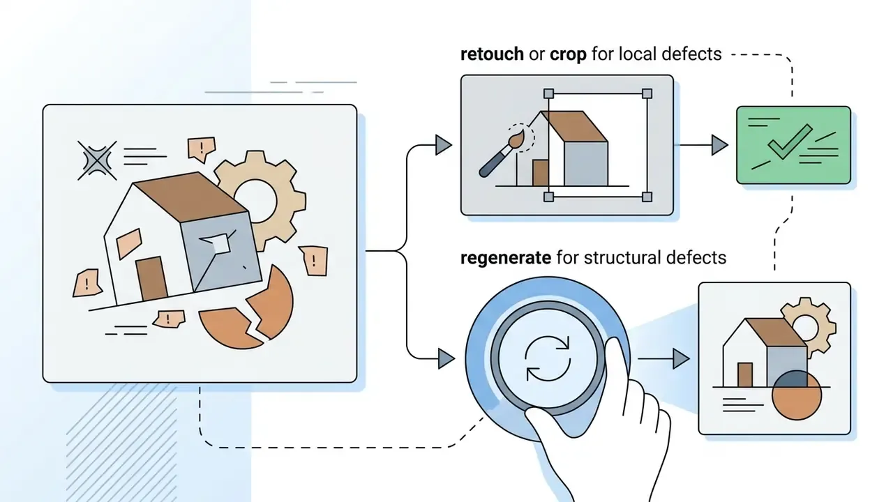 Process showing how to fix defective images by retouching, cropping, or regenerating the output