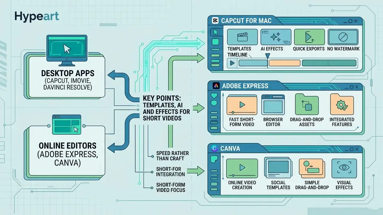 Infographic showing the distinction between desktop apps and online editors for free video editor Mac workflows