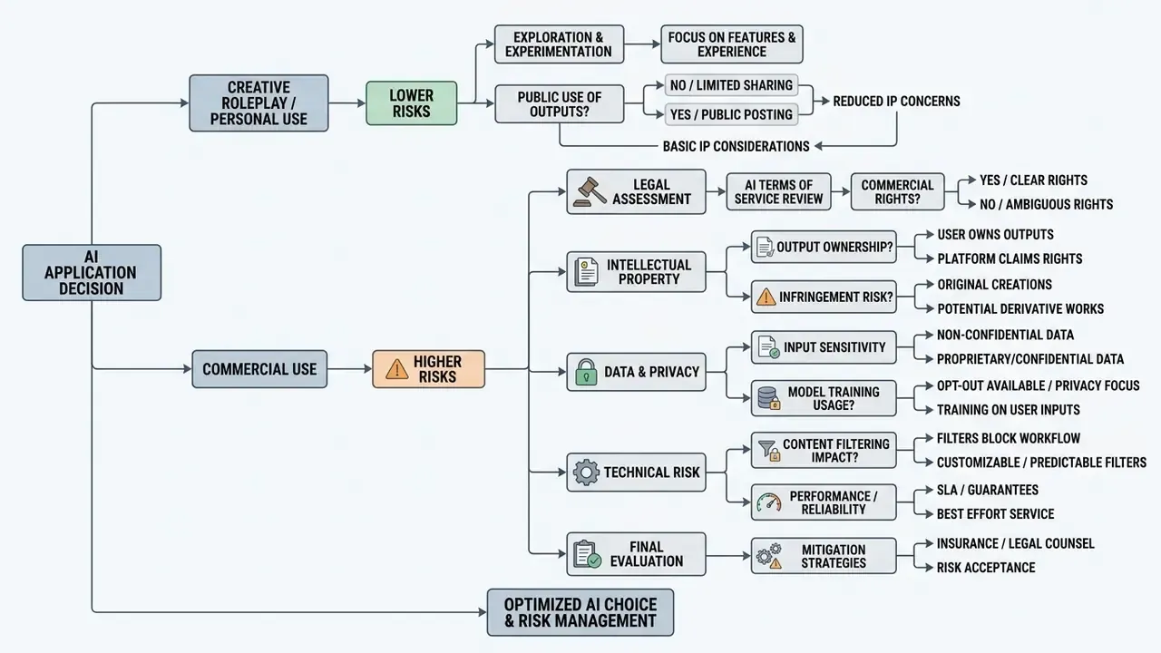 Decision tree mapping legal and technical risk factors for choosing between personal and commercial AI