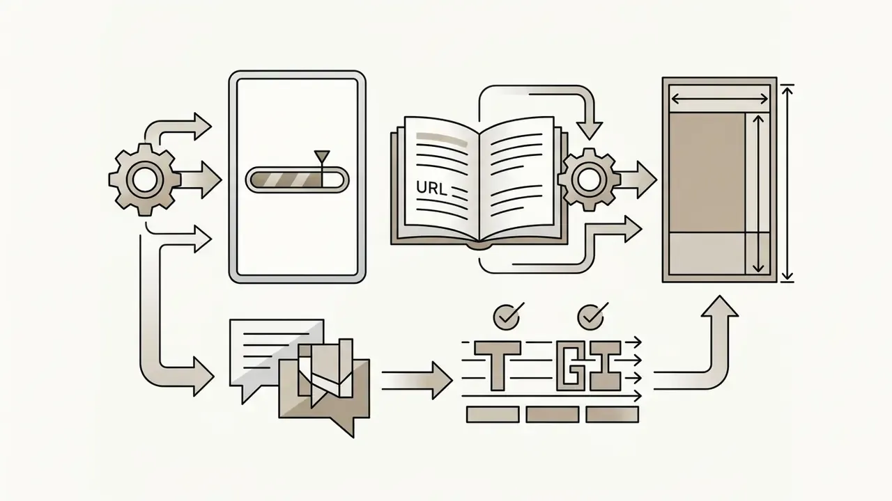 Icons representing input sources and formatting tools feeding into a vertical video layout template