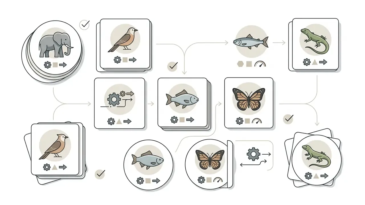 Stacks of animal flashcards connected by lines and icons representing a systematic creation process