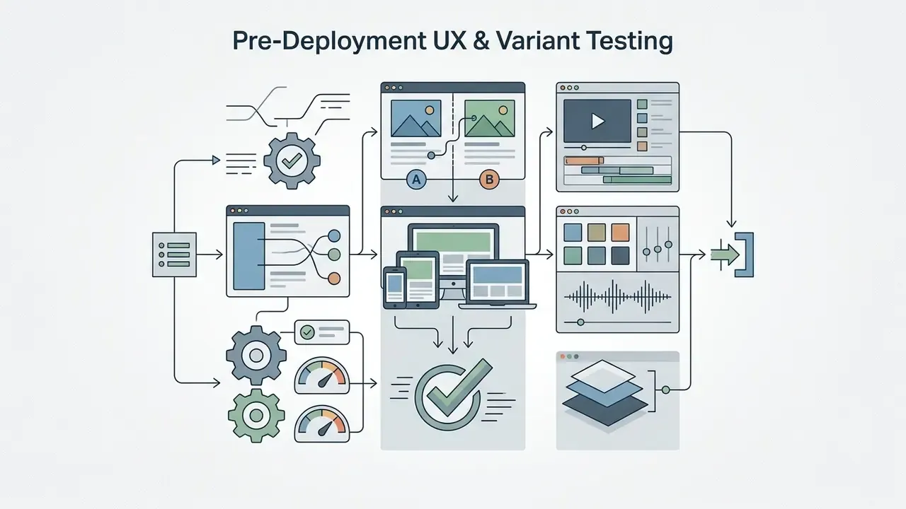 Icons of testing tools and device viewports connecting to a central approval checkmark