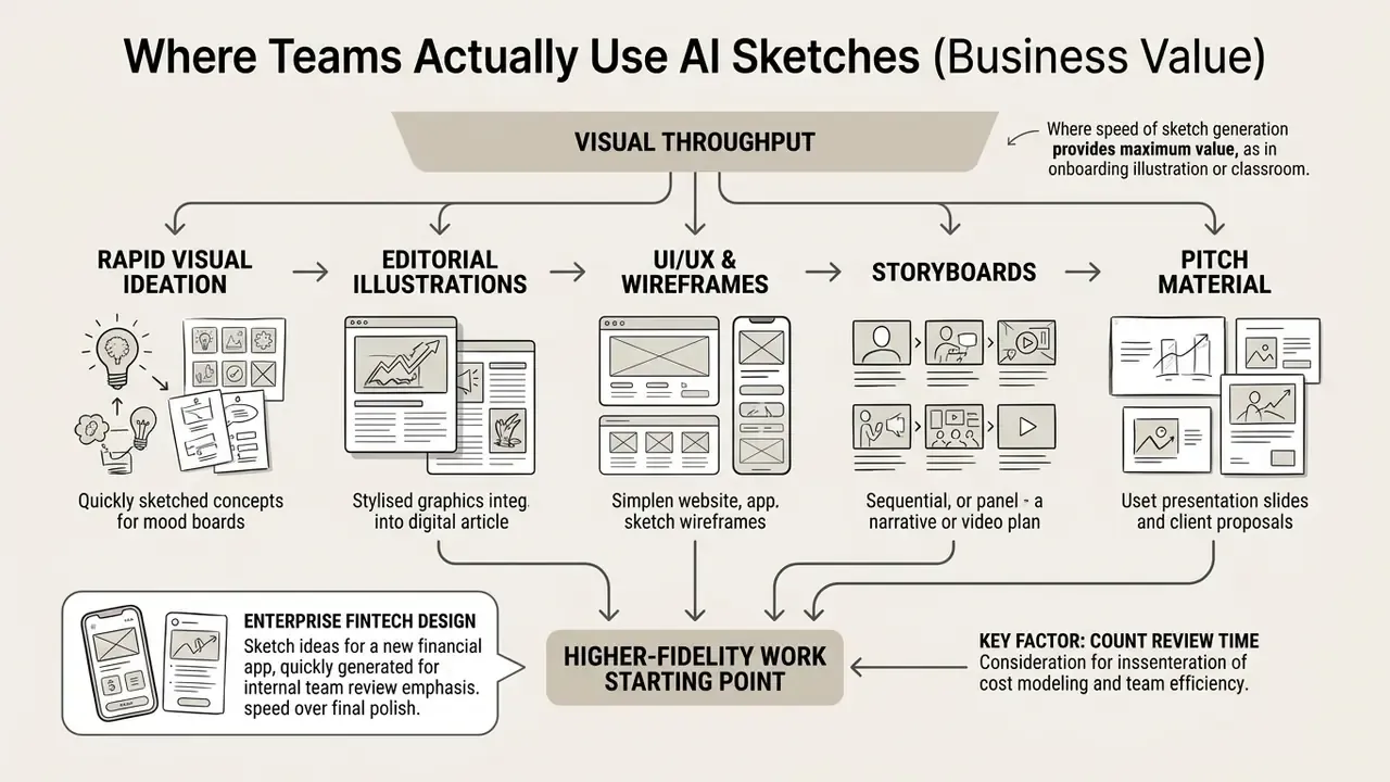 Flowchart displaying business use cases for an AI sketch generator across design and development workflows