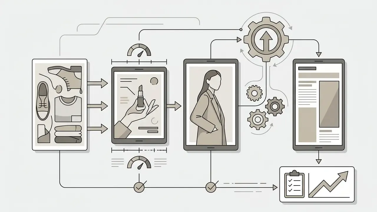 Icons of products and portraits moving through gears and gauges toward a final report and trend graph