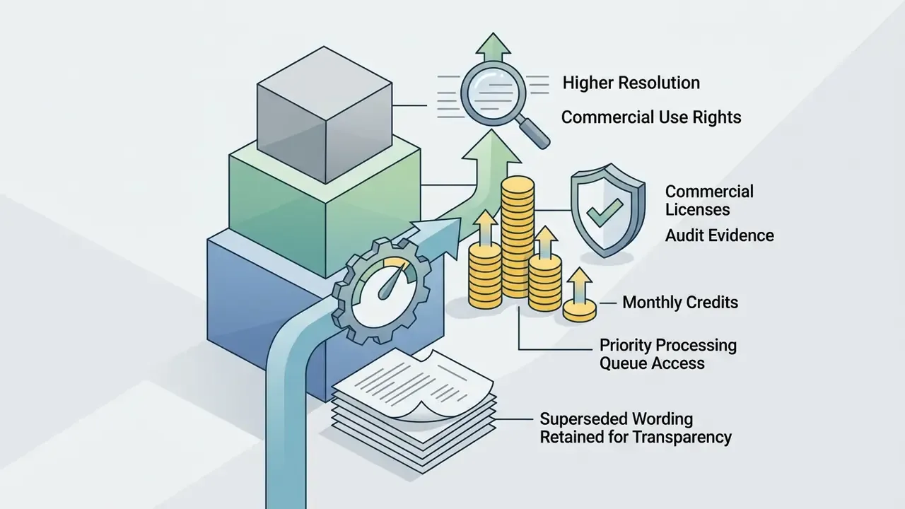 Stacked blocks and coins with a gear gauge and magnifying glass representing subscription plan benefits