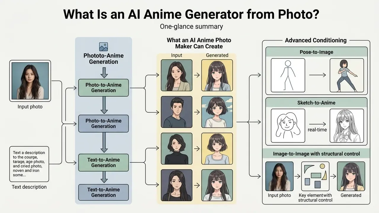 Infographic showing how an AI anime generator from photo processes inputs into stylized anime characters