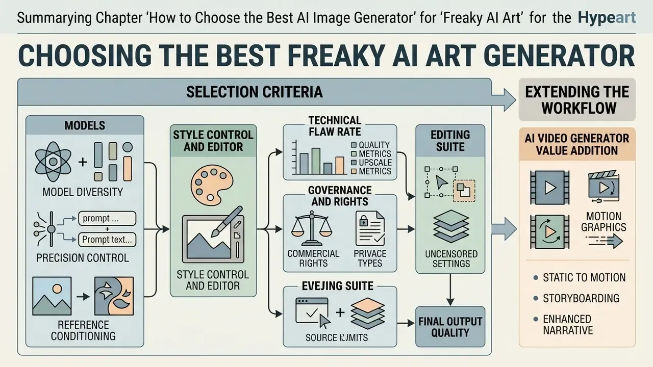 Diagram mapping selection criteria for surreal art tools including model diversity and editing suites