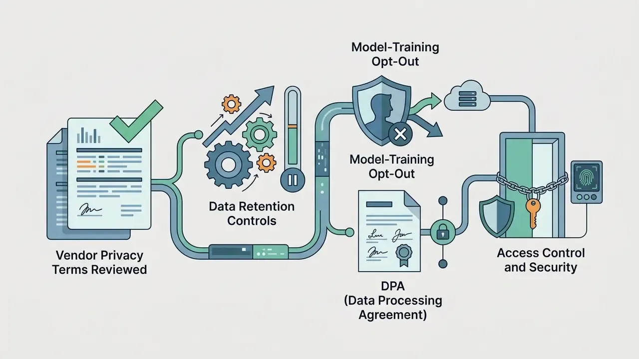 Document icons and gears showing a workflow for data retention, model opt-out, and security access