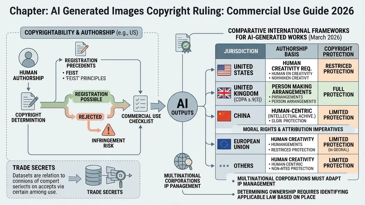 Comparison table of international copyright frameworks for AI generated images and authorship requirements