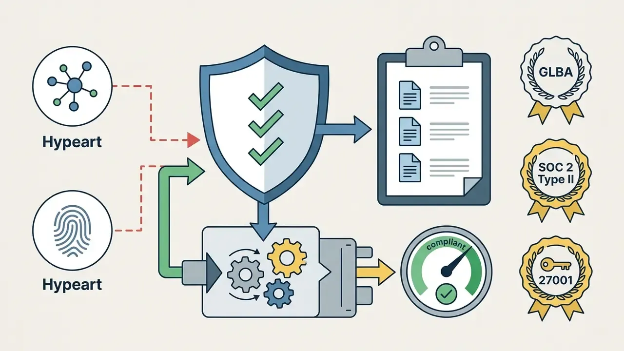 Shield icon with checkmarks connecting data inputs to a document list and a compliance gauge