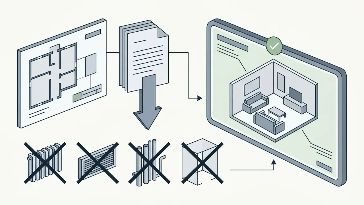 Floor plan and documents feeding into a digital render while excluding radiators vents risers and gaps