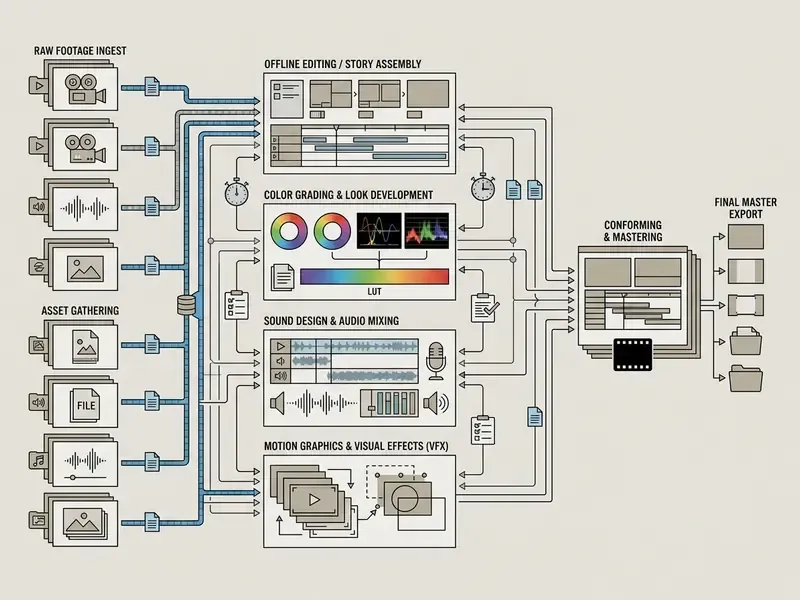 Technical schematic showing the flow of raw media assets through specialized post-production stages