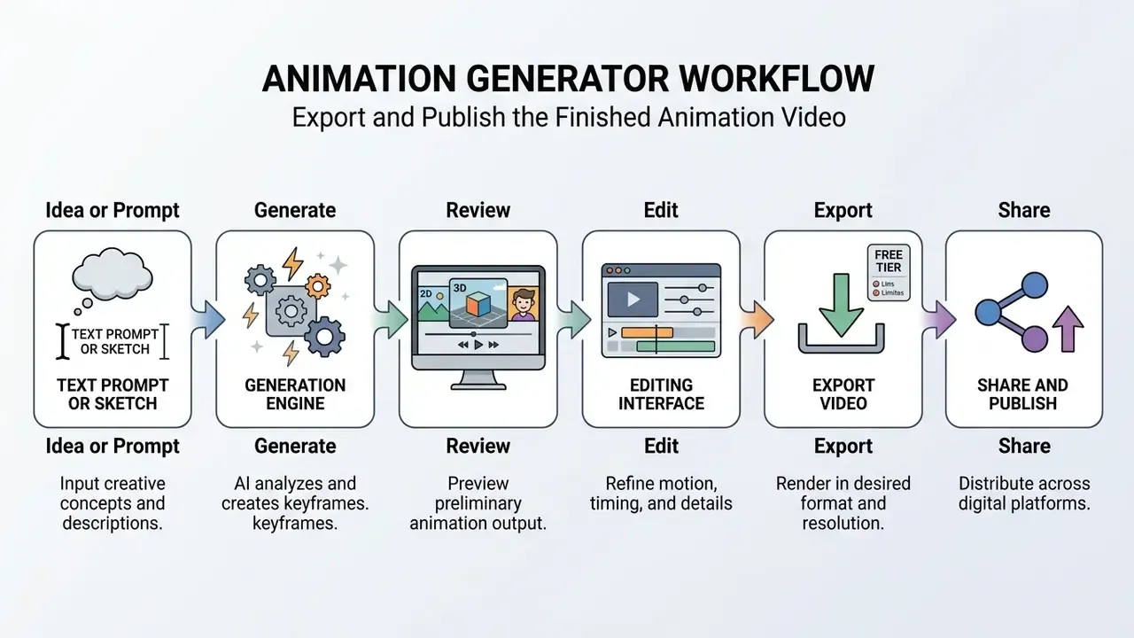 Sequential steps from initial concept input to final video distribution through a digital production cycle