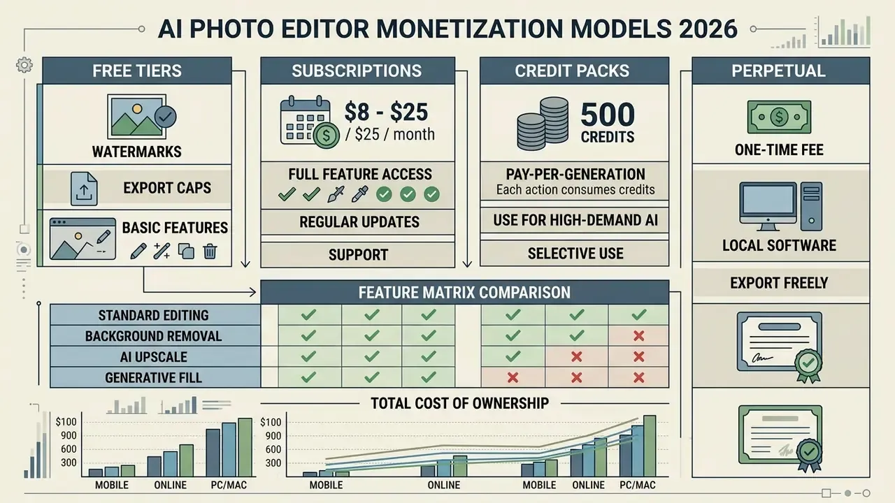Categorization of monetization models including free tiers, subscriptions, credit packs, and perpetual fees