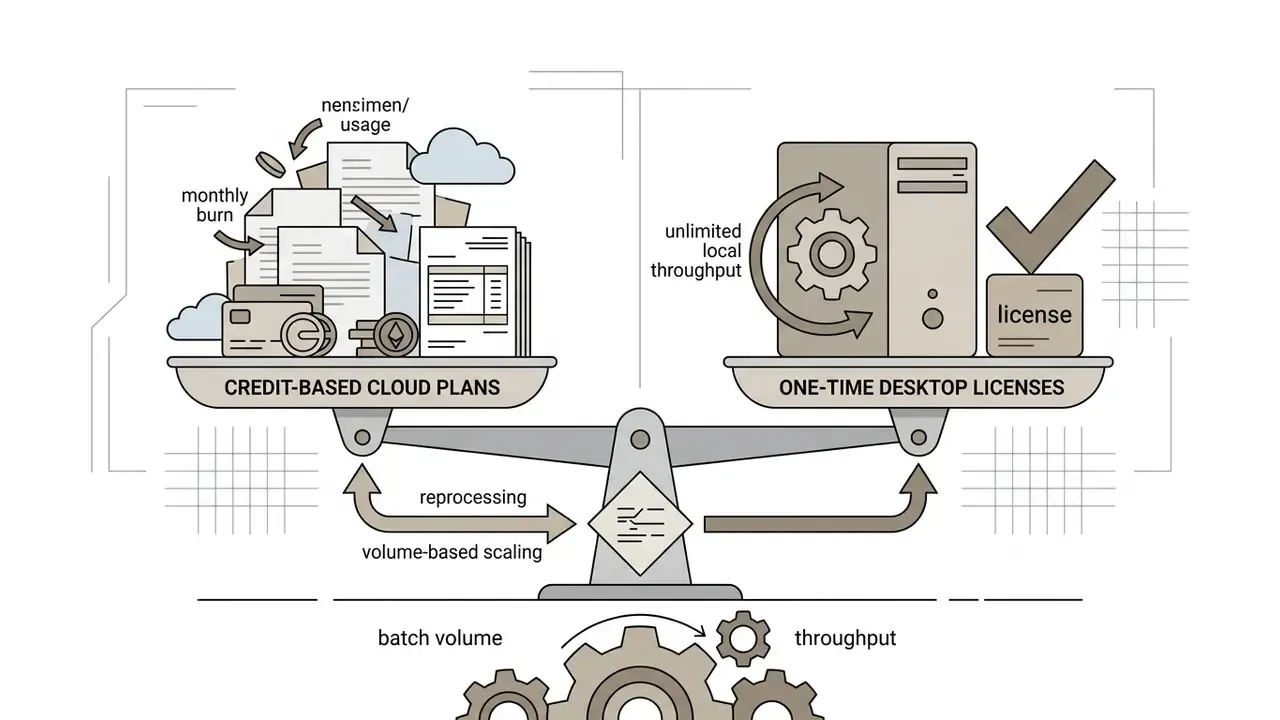 Balance scale weighing credit-based cloud subscriptions against one-time desktop software licenses